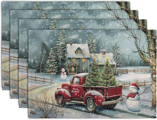 Red Truck Xmas Tree Snowman Christmas Placemats Set of 4 Winter Snowflake by Wnoesat