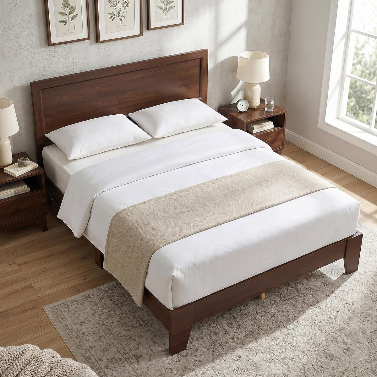 komfott queen size bed frame, mid-century modern platform, main product view