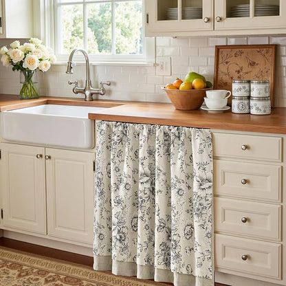 jinchan Linen Kitchen Curtain 36 Inch French Floral Double Layer Curtain - Image 3