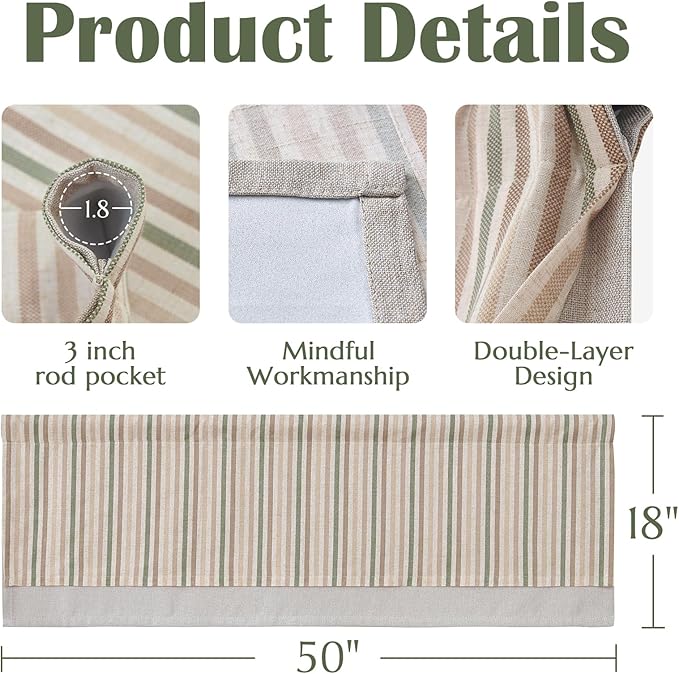 jinchan Colorful Striped Linen Double Layer Valance Christmas Pinstripe Cafe - Image 5
