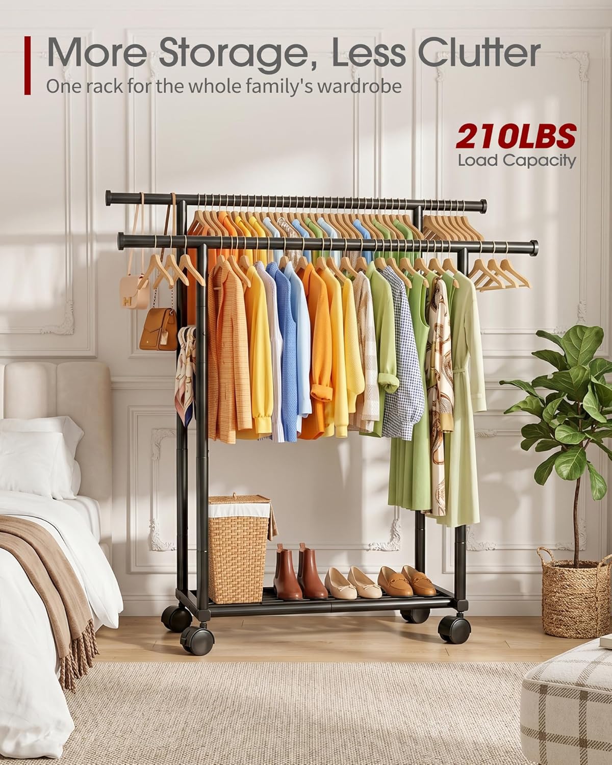 sakugi rolling double rod clothes rack with shelf shown in use