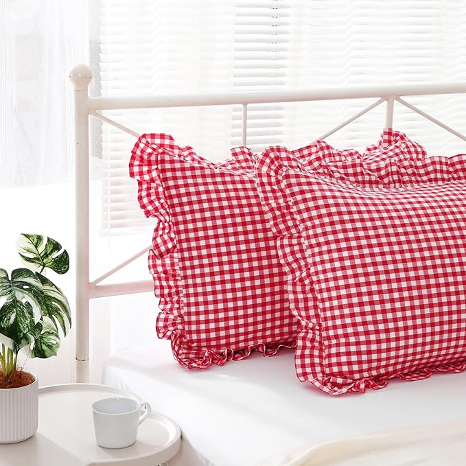 2 Pack Red White Plaid Ruffle Gingham King Size Pillow Shams, 100% Yarn-Dyed - Image 2
