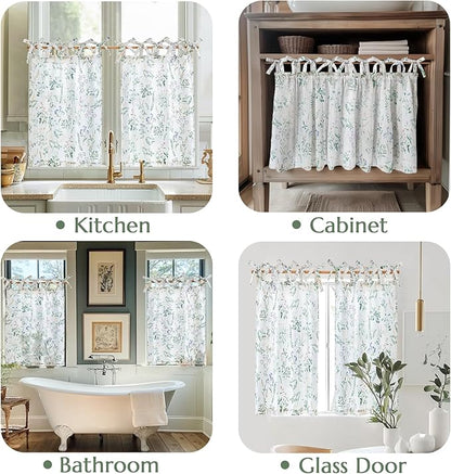 jinchan Linen Kitchen Curtains Floral Printed Tier Curtains 36 Inch Length - Image 3