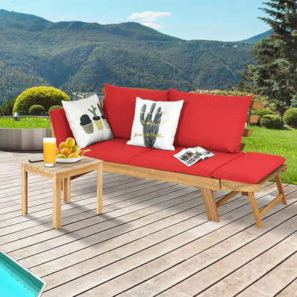 dortala patio convertible couch sofa bed, acacia wood shown in use