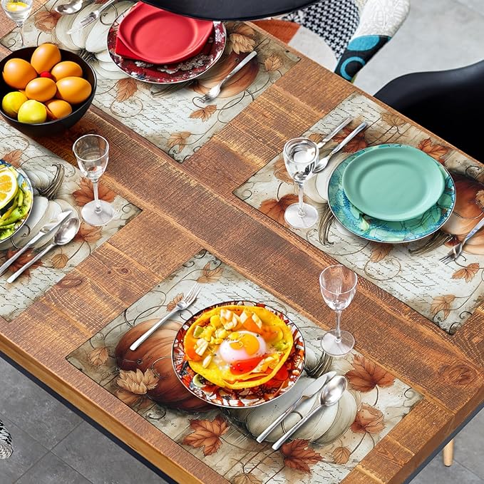 Fall Vintage Pumpkin Leaves Placemats Set of 4 Autumn Thanksgiving Harvest - Image 7