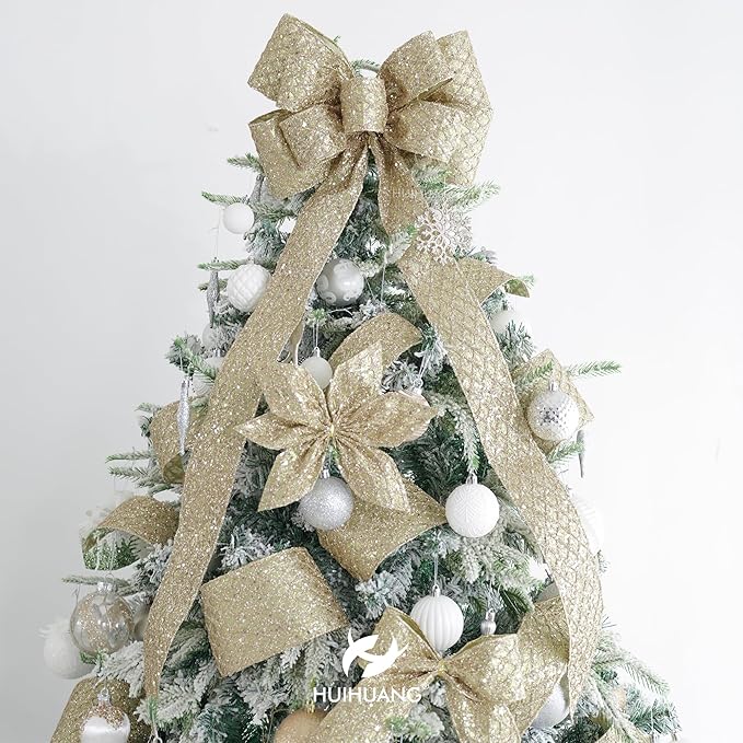 HUIHUANG Champagne Gold Christmas Ribbon 4 inch Glitter Wired Ribbon Diamond - Image 5