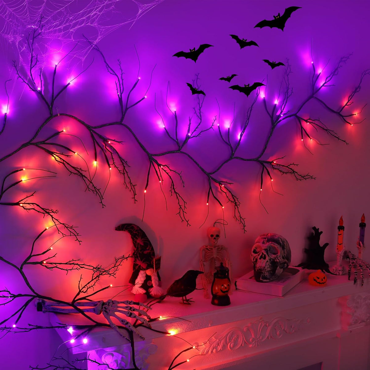 9 FT 72 LED Willow Vine Twig Decor Black Halloween Garland with Orange Purple Lights, Timer 8 Modes Waterproof Battery Operated Indoor Halloween Decorations for Wall Fireplace Mantle Home Office Decor