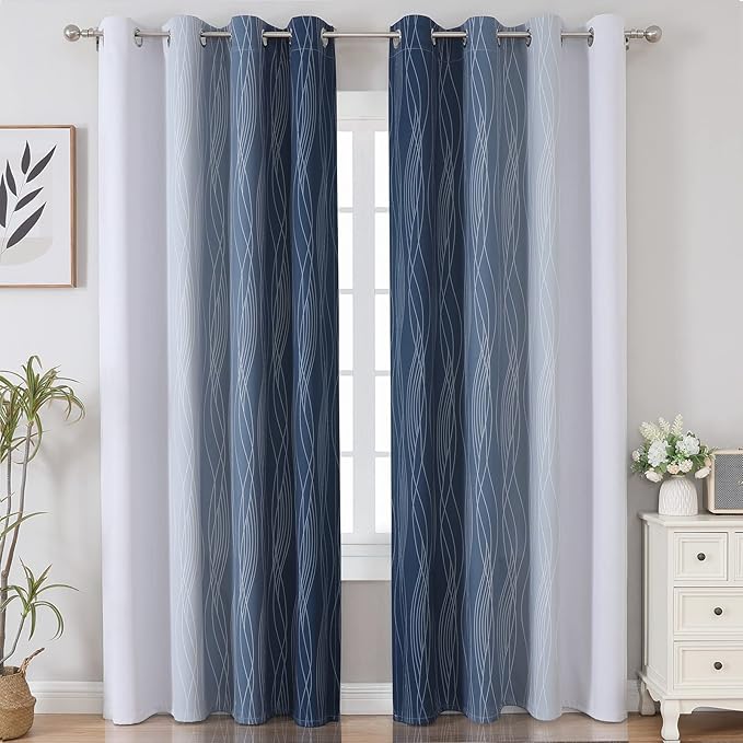 Estelar Textiler Greyish White and Navy Blue Blackout Curtains 96 Inches Long - Image 2