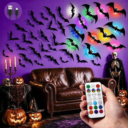 LUDILO 48P Bats Halloween Decorations + 12P Rechargeable Lights with Remote