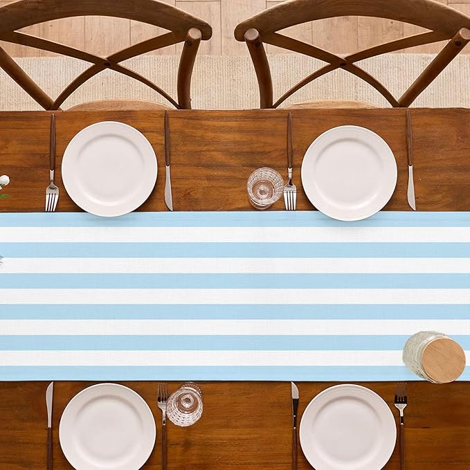 Light Blue and White Cabana Striped Table Runner Coastal Theme Wedding Party - Image 4