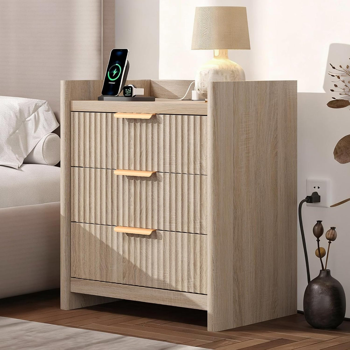 25.9" fluted nightstand with charging station, large bedside on a desk or shelf
