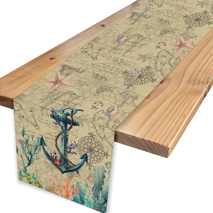 Nautical Anchor Table Runner, Retro Coastal Treasure Map Coral Plant Starfish - Image 4