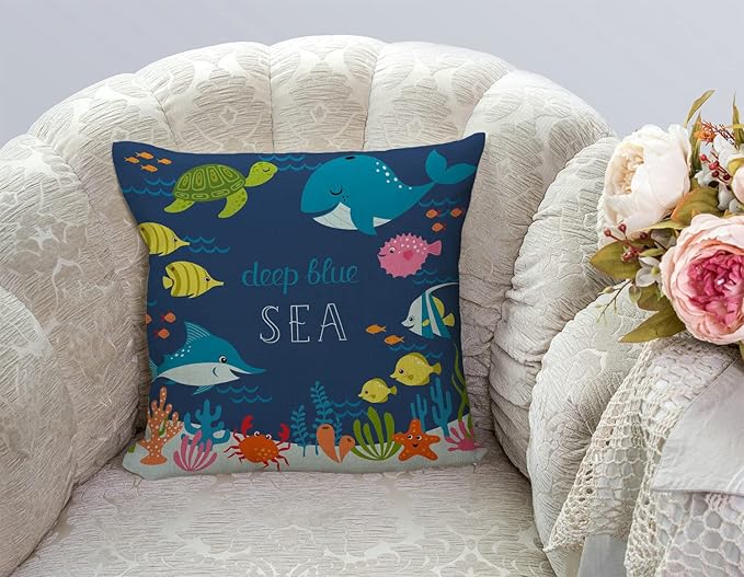 Cartoon Fish Whale Throw Pillow Cover 18 x 18 Inch, Cartoon Underwater Ocean - Image 3