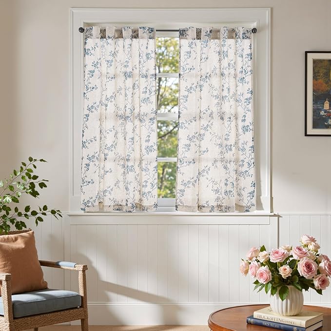 jinchan Floral Kitchen Curtains 45 Inch Linen Tier Curtains Farmhouse Cafe Half - Image 4