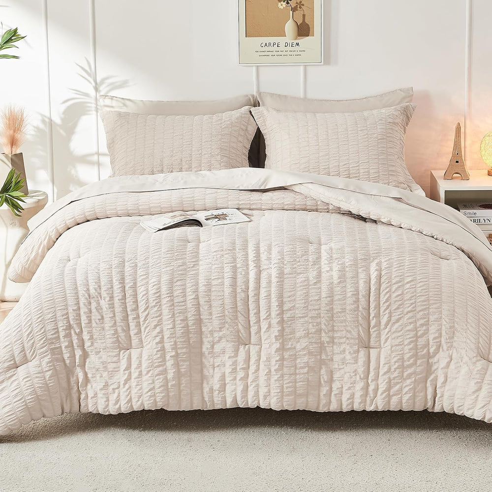 Full Comforter Set - 7PCS Bed in a Bag, Seersucker Bedding Set, Beige