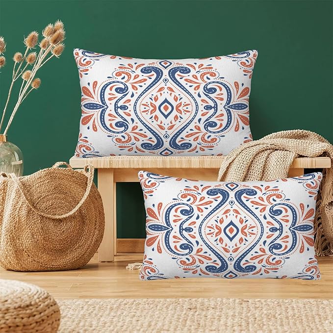 Throw Pillow Covers Blue and Orange Floral Pillow Covers 20x12 Inch Set of 2 - Image 6