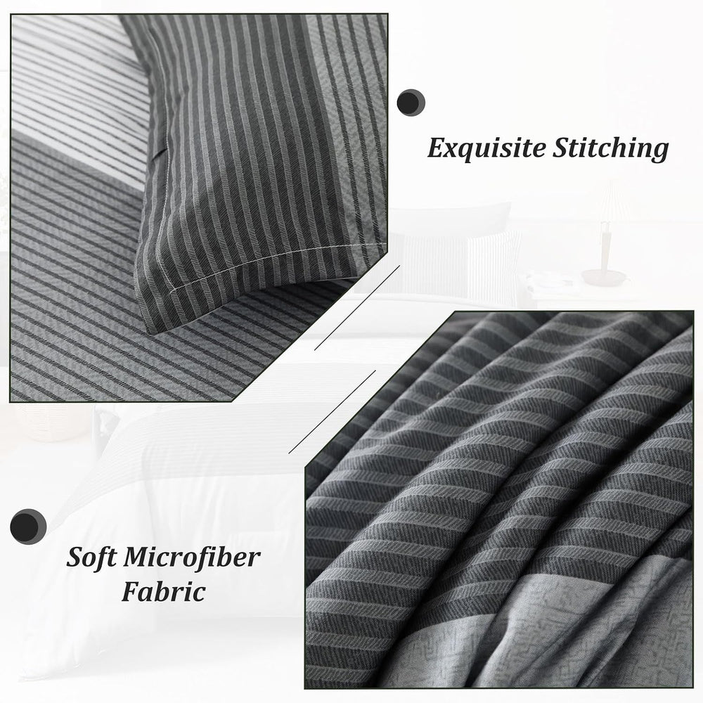 WONGS BEDDING Grey Comforter Set Queen, Reversible Grey Striped Patchwork Dow...