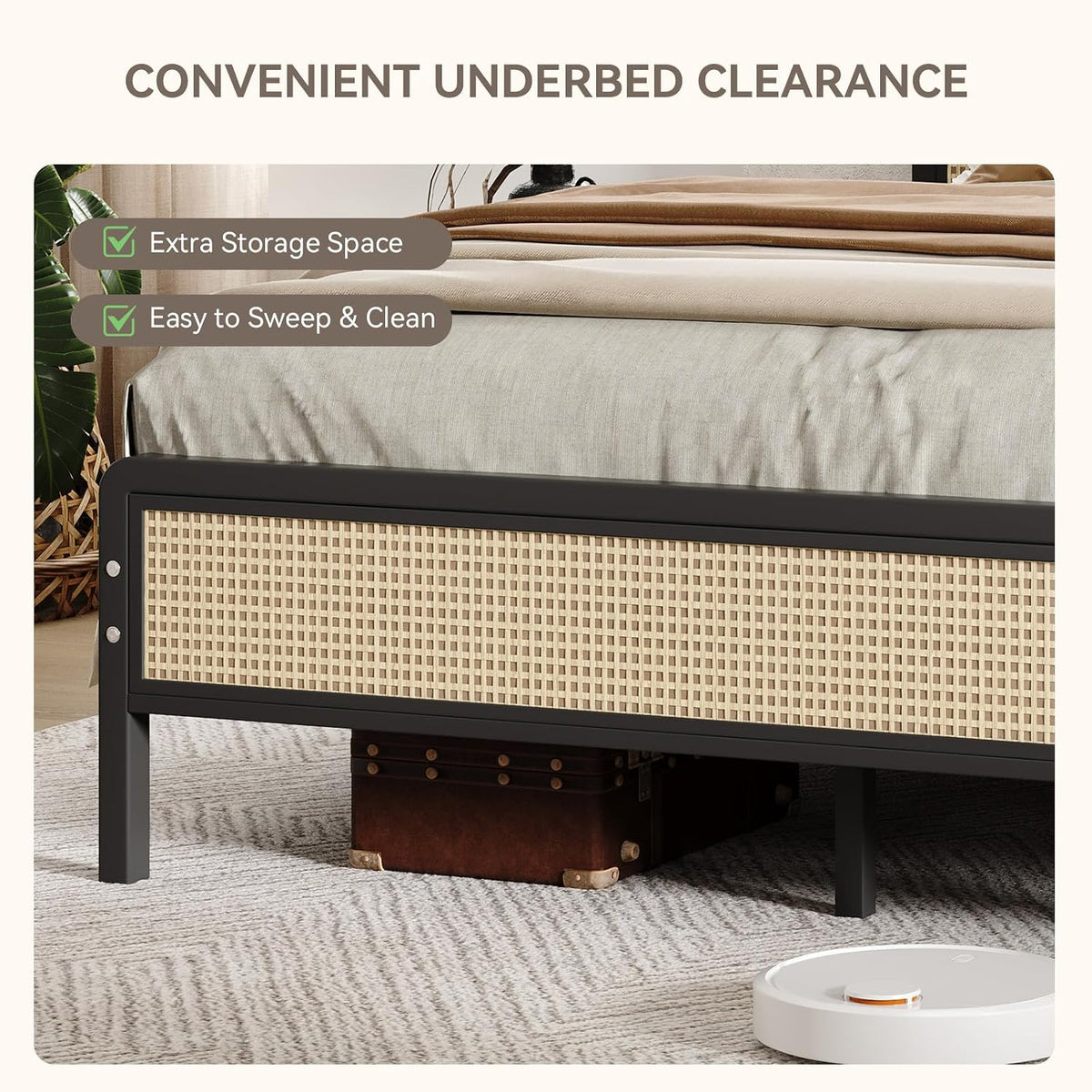 immerstable rattan full size bed frame with headboard showing dimensions