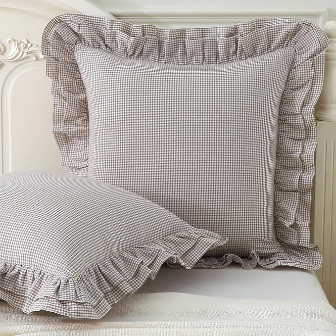 Aryeleay 2 Pack Brown White Plaid Gingham Ruffle Pillow Shams, 100% Washed by Aryeleay