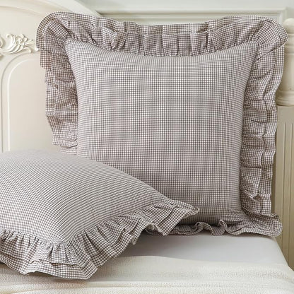 Aryeleay 2 Pack Brown White Plaid Gingham Ruffle Pillow Shams, 100% Washed by Aryeleay