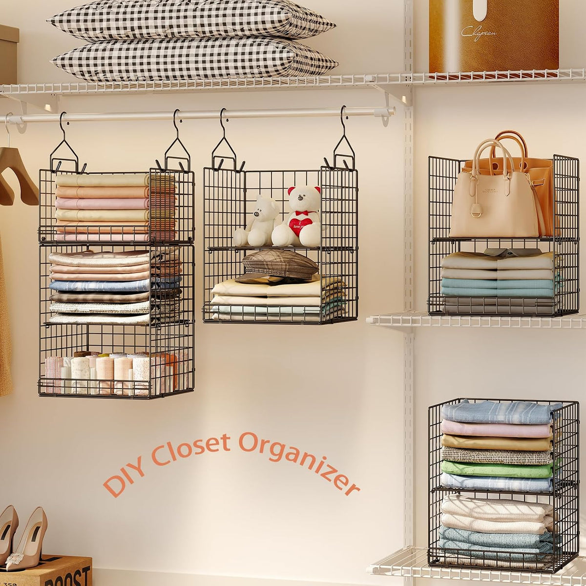 yuyetuyo 5 tier closet hanging organizer and storage showing dimensions