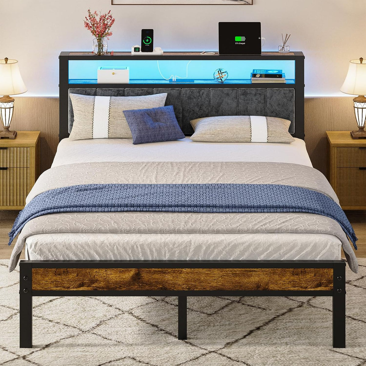 liians queen size bed frame with 2-tier storage, main product view