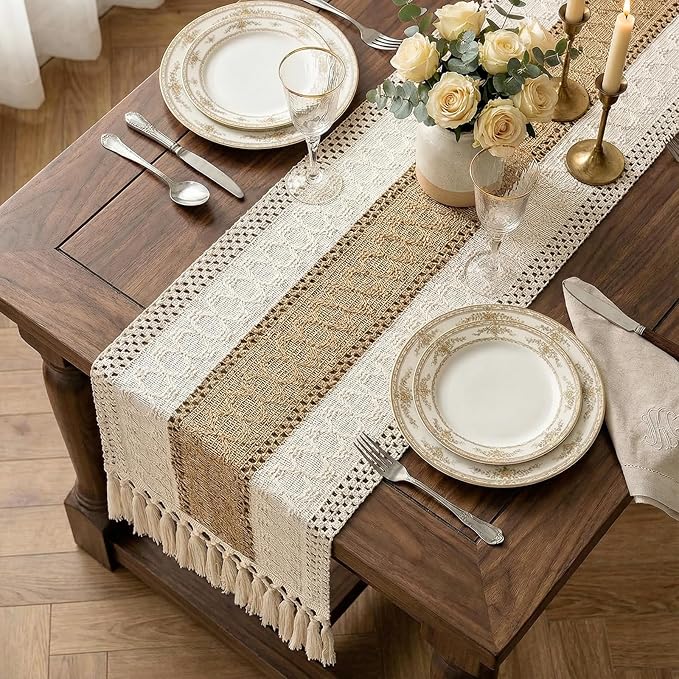 Boho Macrame Table Runner with Tassels Farmhouse Rustic Dining Woven Table - Image 7