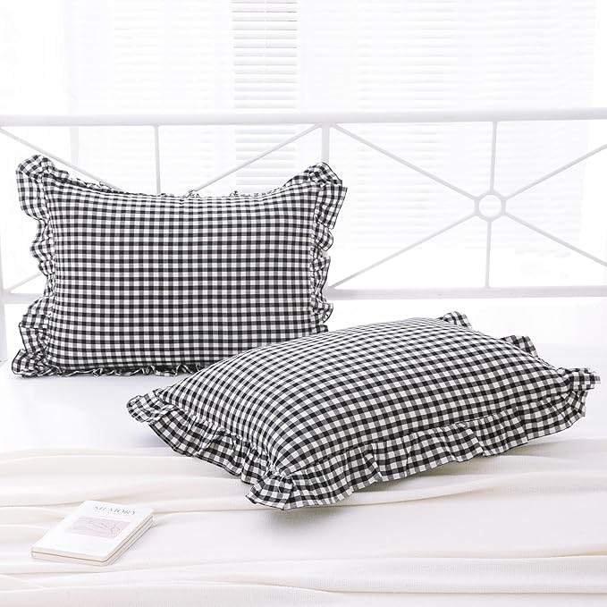 2 Pack Black and White Plaid Ruffle Gingham Standard Pillow Shams, 100% Washed - Image 2
