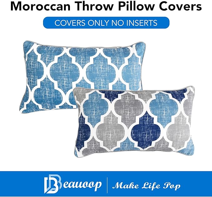 Beauoop Throw Pillowcover Chenille Print Moroccan Geometric 2-Sided Print Blue - Image 3