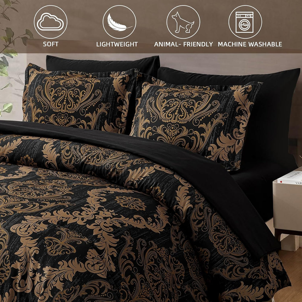 WONGS BEDDING Black Comforter Set Queen Size, Gold Damask Texture 7 Pieces Be...