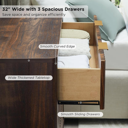 t4tream 32" fluted 3 drawer dresser for bedroom showing dimensions