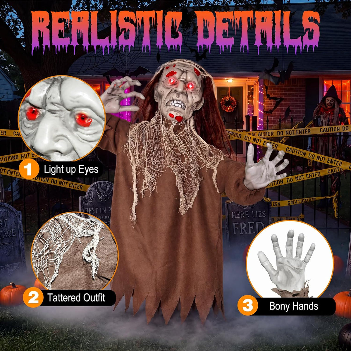 Halloween Creepy Animatronic Zombie Groundbreaker Outdoor Decor with Light up Eyes & Spooky Sound Adjustable Arms, Halloween Props for Graveyard Lawn Patio Yard Outside Decorations