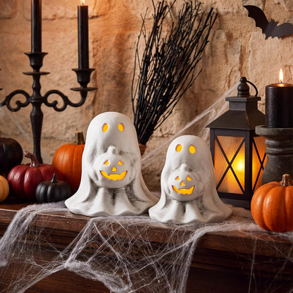 Tioncy 2 Pcs Halloween Terracotta Ghost Tealight Holder, White, Retro