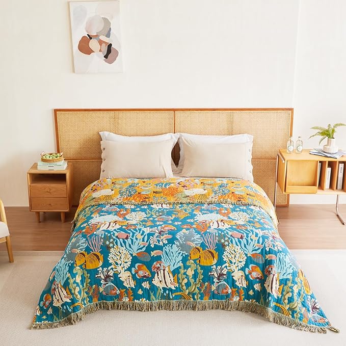 MSGKV Throw Blanket for Bed Cotton Cute Ocean Animals Twin Size Couch Blanket - Image 8