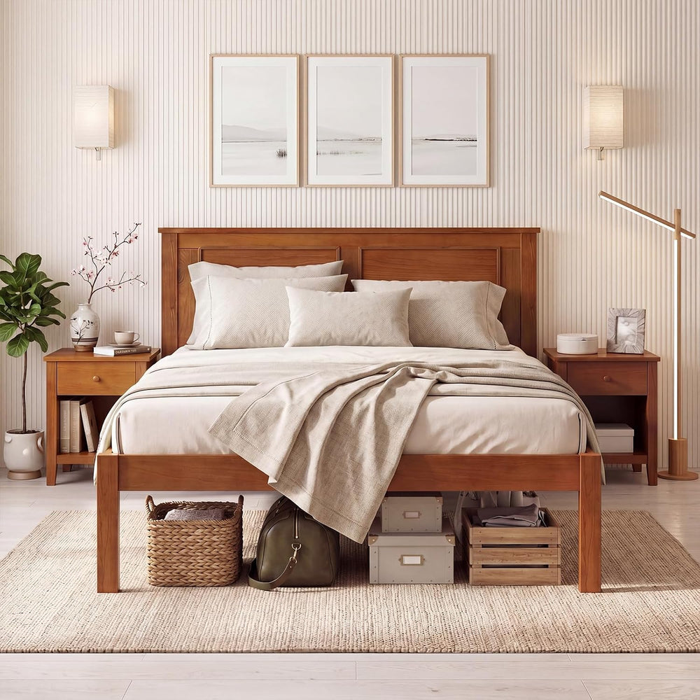 KOMFOTT Twin Size Bed Frame, Farmhouse Wooden Platform Bed with Headboard