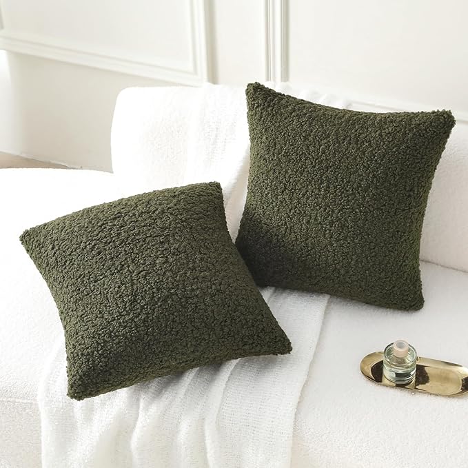 FUTEI Olive Green Throw Pillow Covers 26x26 Inch Set of 2, Furry Faux Fur Teddy - Image 5