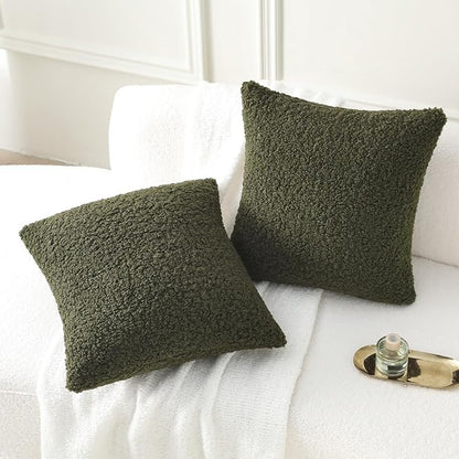FUTEI Olive Green Throw Pillow Covers 26x26 Inch Set of 2, Furry Faux Fur Teddy - Image 5