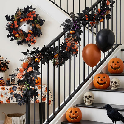 DecorbyHannah 20'' Halloween Wreath for Front Door with Lights Ghost Decor