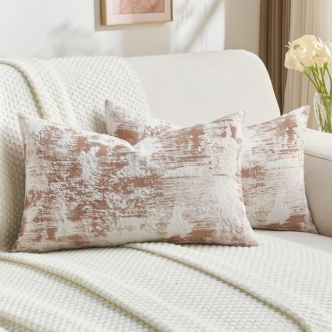 FUTEI Rust White Decorative Throw Pillow Covers 12x20 Inch Set of 2, Soft Faux by FUTEI