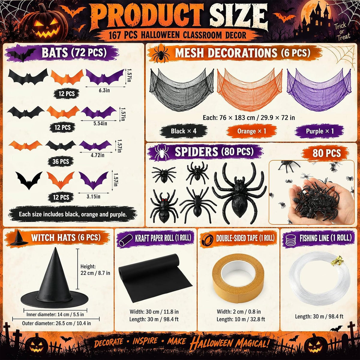 167 Pcs Halloween Themed Decorations, Spooky Halloween Classroom Party Decor Kit with Bats Stickers, Fake Spiders, Tulle Gauze, Witch Hats & Black Kraft Paper for Indoor Outdoor Party Decor