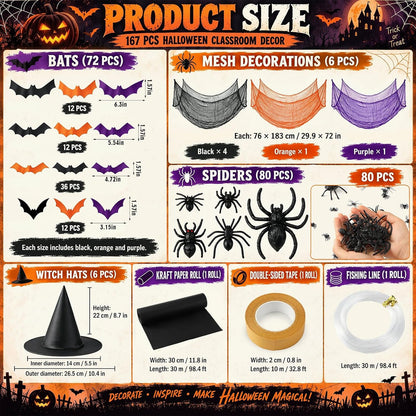 167 Pcs Halloween Themed Decorations, Spooky Halloween Classroom Party Decor Kit with Bats Stickers, Fake Spiders, Tulle Gauze, Witch Hats & Black Kraft Paper for Indoor Outdoor Party Decor
