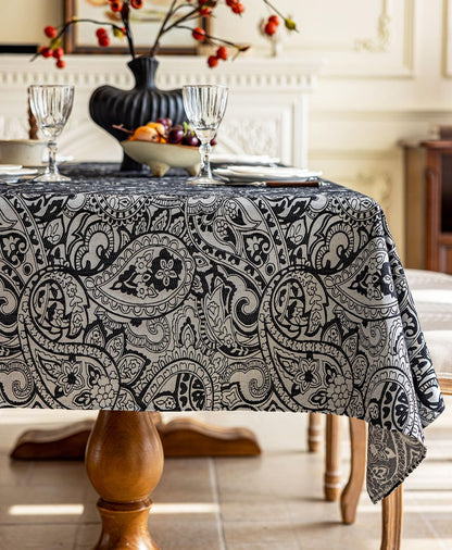 Black Jacquard Floral Tablecloth Rectangle 57”x70”, Waterproof & Wrinkle Resistant Damask Vintage Table Cloth, Luxury Table Cover for Dinning Halloween Wedding Party Christmas