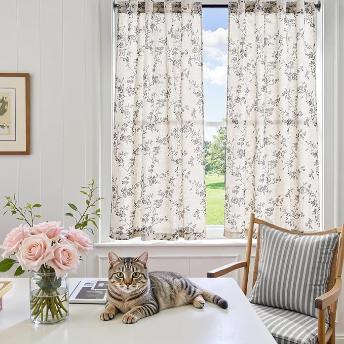 jinchan Floral Kitchen Curtains 54 Inch Linen Tier Curtains Farmhouse Cafe Half - Image 6