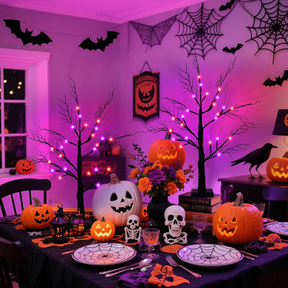 2Pack 24 Inch Halloween Spooky Tree with Lights, Lighted Tabletop Black Tree with Timer, Indoor Halloween Decorations for Home
