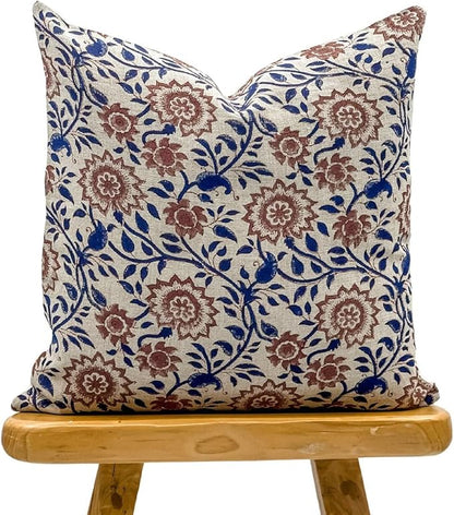 Designer Floral Print on Natural Linen Pillow Cover | Indigo Blue and Rust by Krinto