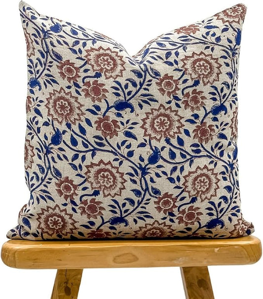 Designer Floral Print on Natural Linen Pillow Cover | Indigo Blue and Rust by Krinto