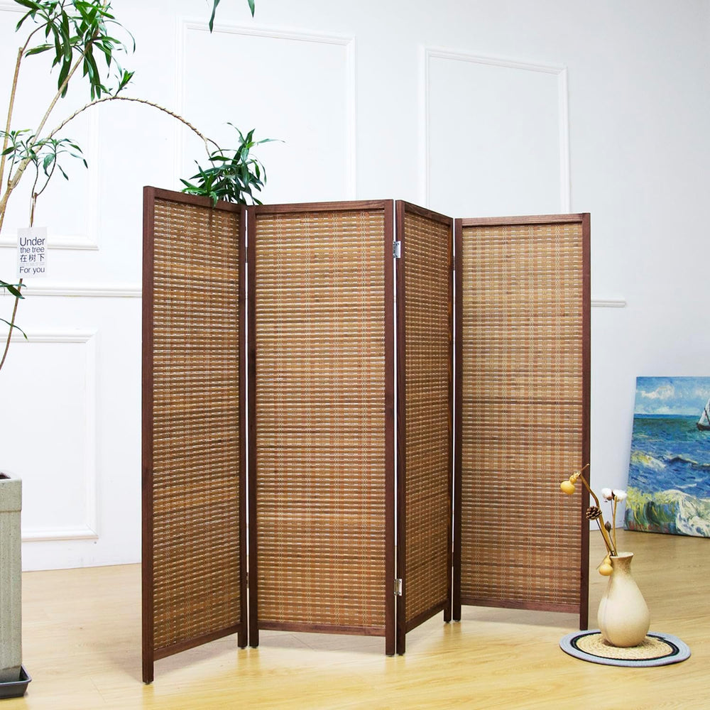 Furnnylane 4 Panel Short Room Divider Screen,Brown Freestanding Partition,Sma...