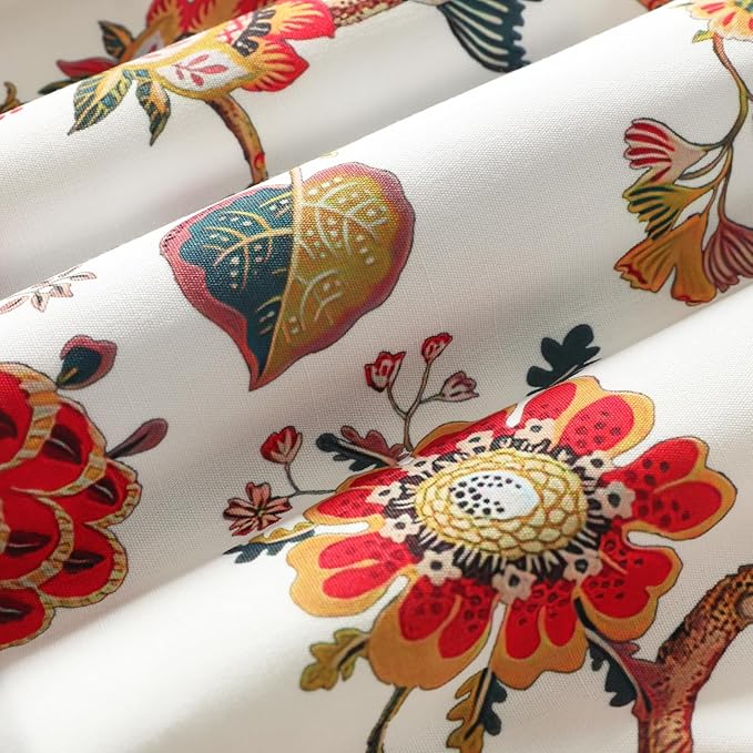 Leeva Red Vintage Floral Pleated Valance, Linen Textured Rod Pocket Curtain - Image 7