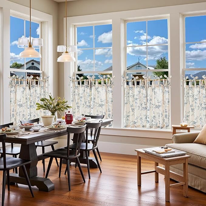 jinchan Floral Kitchen Curtains 24 Inch Linen Tier Curtains Farmhouse Cafe Half - Image 3