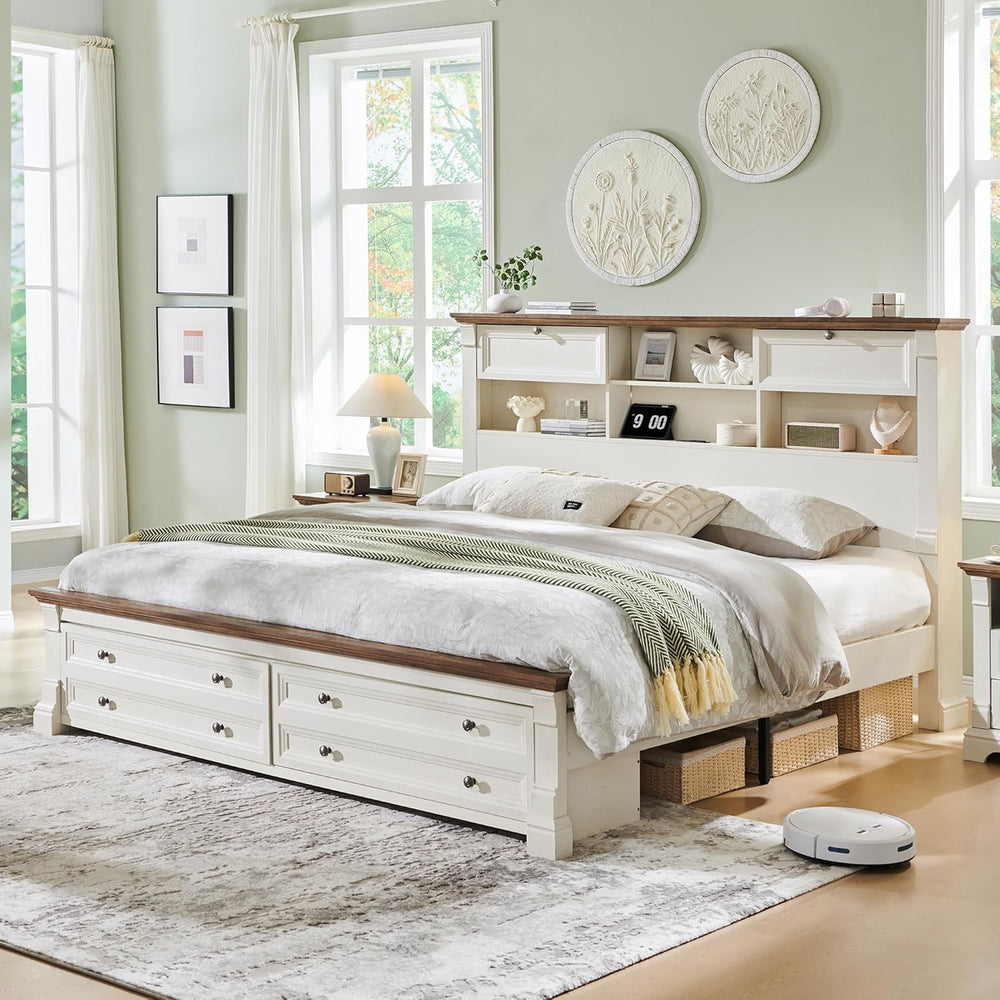 Farmhouse King Size Bed Frame with 2 Drawers & 4 Bookcases On The Headboard